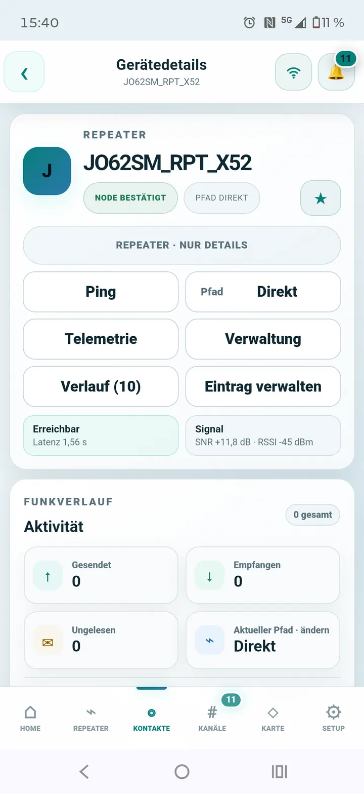 Repeater-Details mit Ping, Pfad und Verwaltung