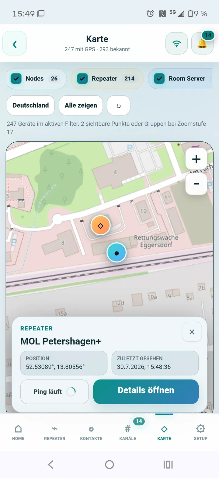 Node-Karte mit Ping und Detailansicht