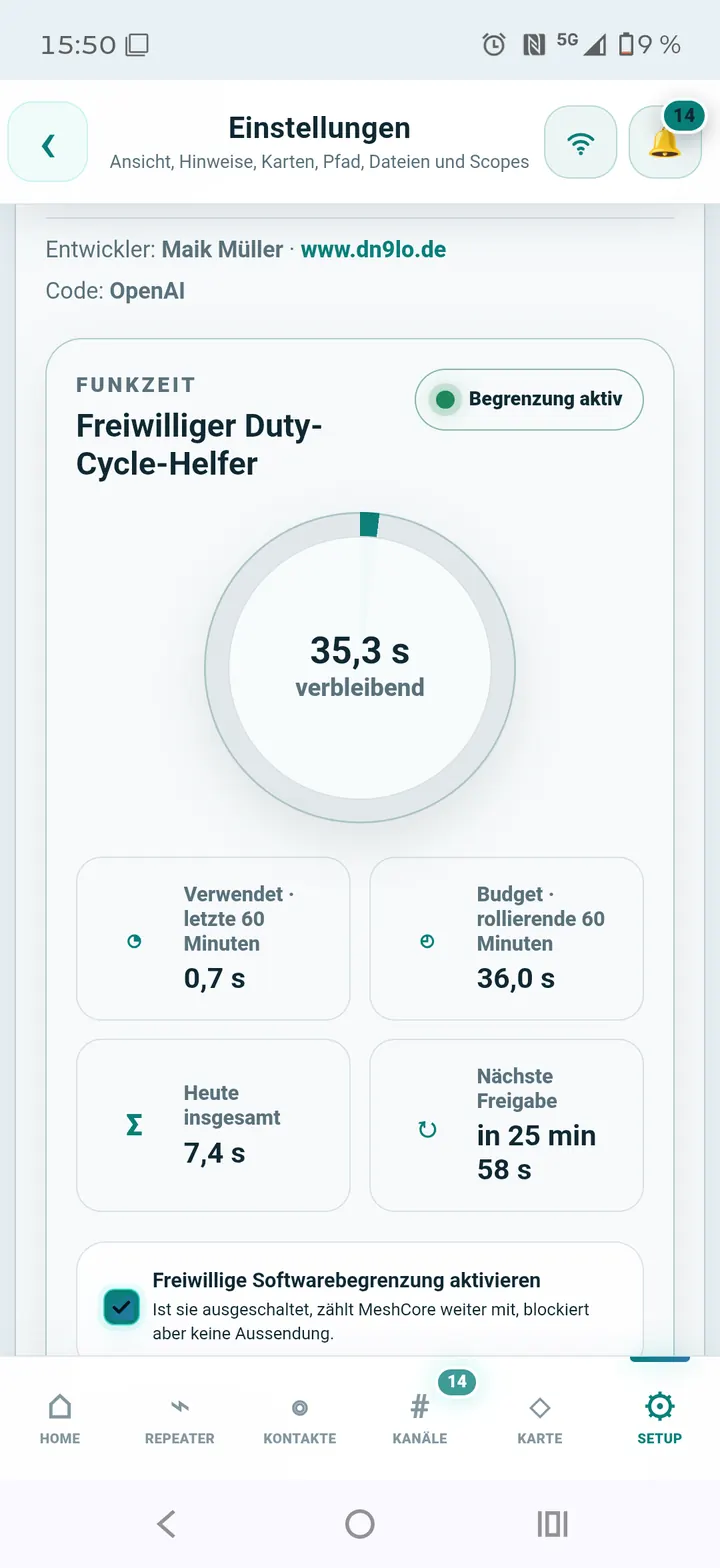 Funkzeit-Budget in der mobilen Oberfläche