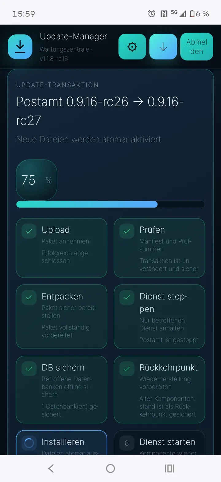 Update-Fortschritt von Prüfung bis Installation