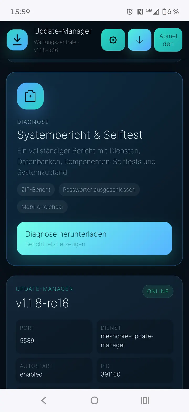 Systembericht & Selbsttest in der mobilen Oberfläche