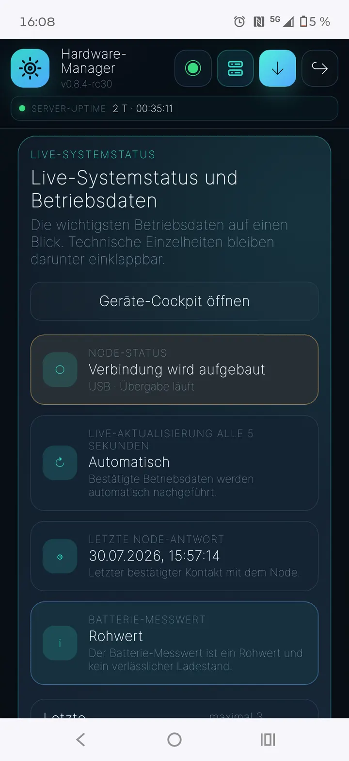 Live-Systemstatus und Betriebsdaten
