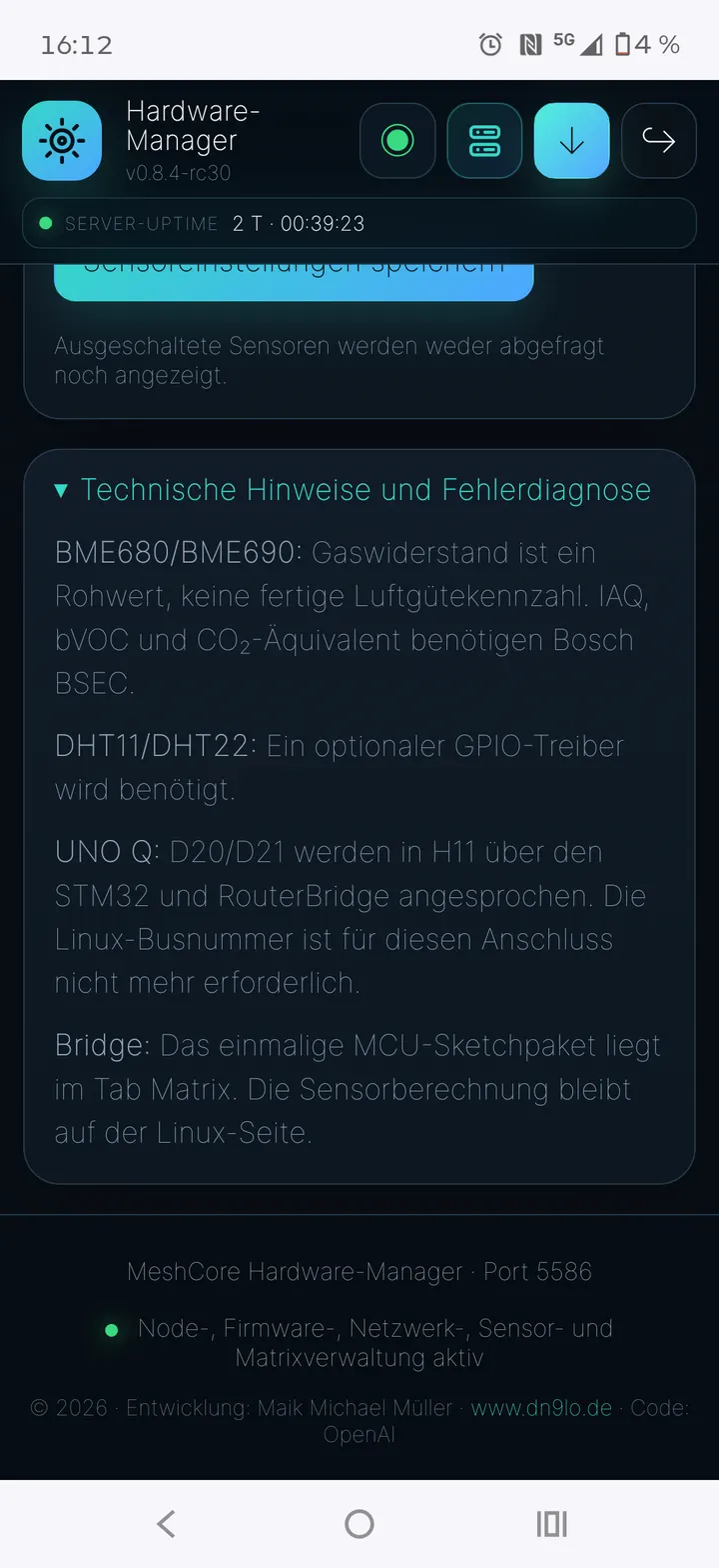 Hinweise und Fehlerdiagnose der Sensorik