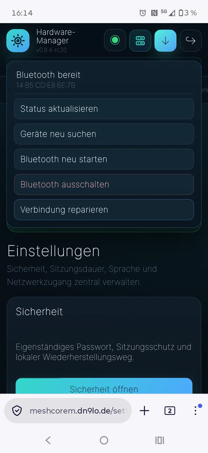 Bluetooth, Sitzung und Netzwerkeinstellungen